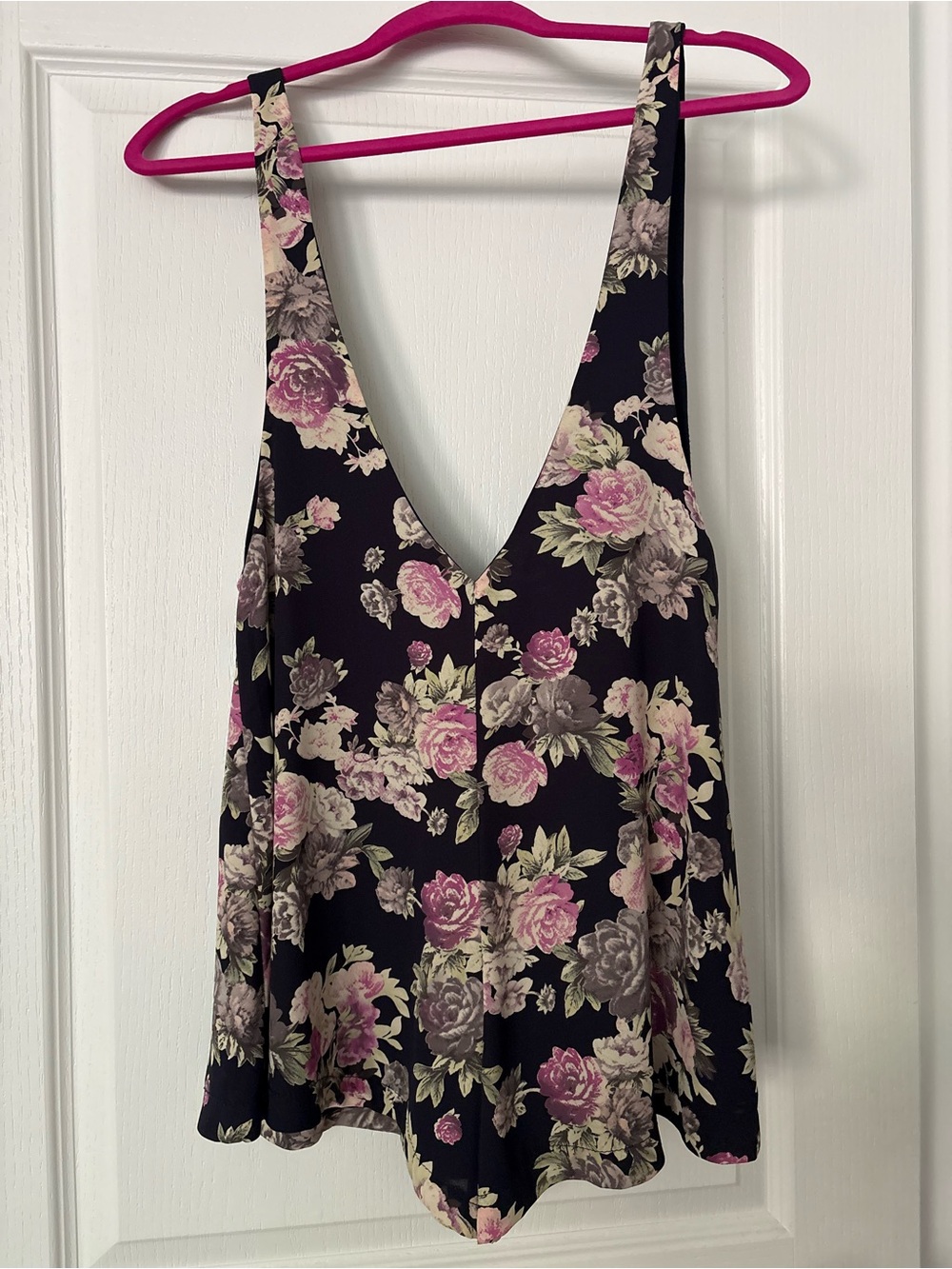 audrey Black Floral V-Neck romper with Pink Roses. Flowy and comfortable